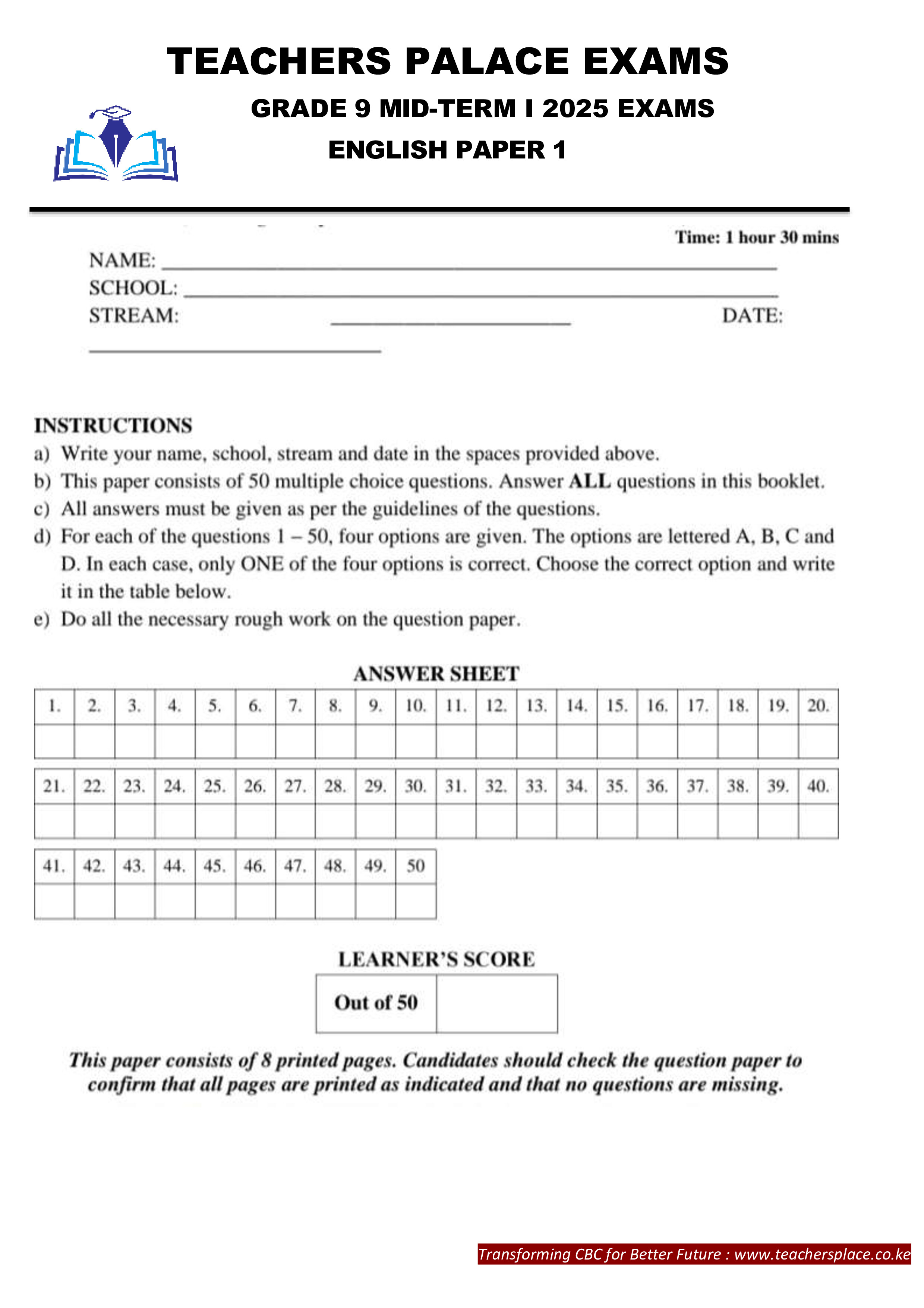 Grade 9 English Paper 1 Mid Term 1 Assessment Marking Scheme